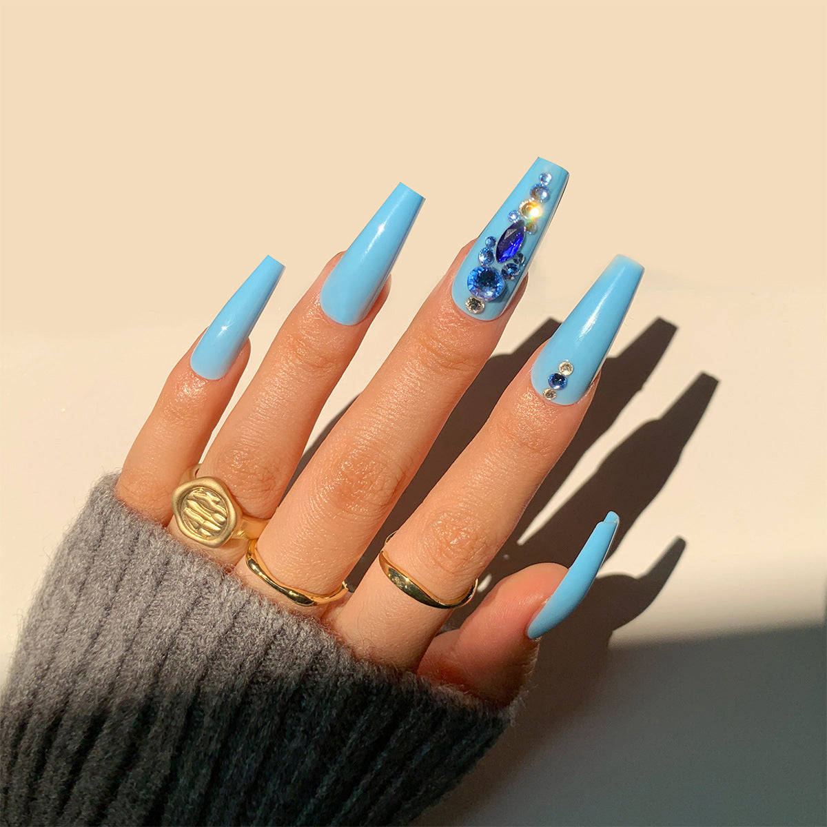 Fake Nails Full Diamond Series Wear Dark Blue White